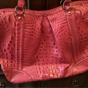 BRAHMIN Pink Selma Croc Embossed Leather Pleated Shoulder Tote Bag Top Zipper